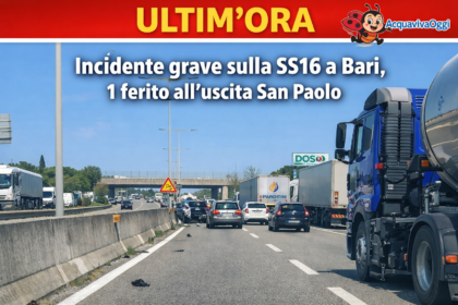 Immagine della coda di veicoli e camion a causa dell'incidente SS16 Bari vicino all'uscita San Paolo in direzione Foggia.