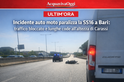 Incidente auto moto sulla SS16 a Bari in direzione sud con furgone e moto a terra nei pressi dell'uscita Carassi.
