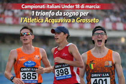 Campionati italiani Under 18 di marcia: 1 trionfo da sogno per l'Atletica Acquaviva a Grosseto 9 Atleti in gara sulla pista di Grosseto per i Campionati italiani Under 18 di marcia sui 5000 metri.