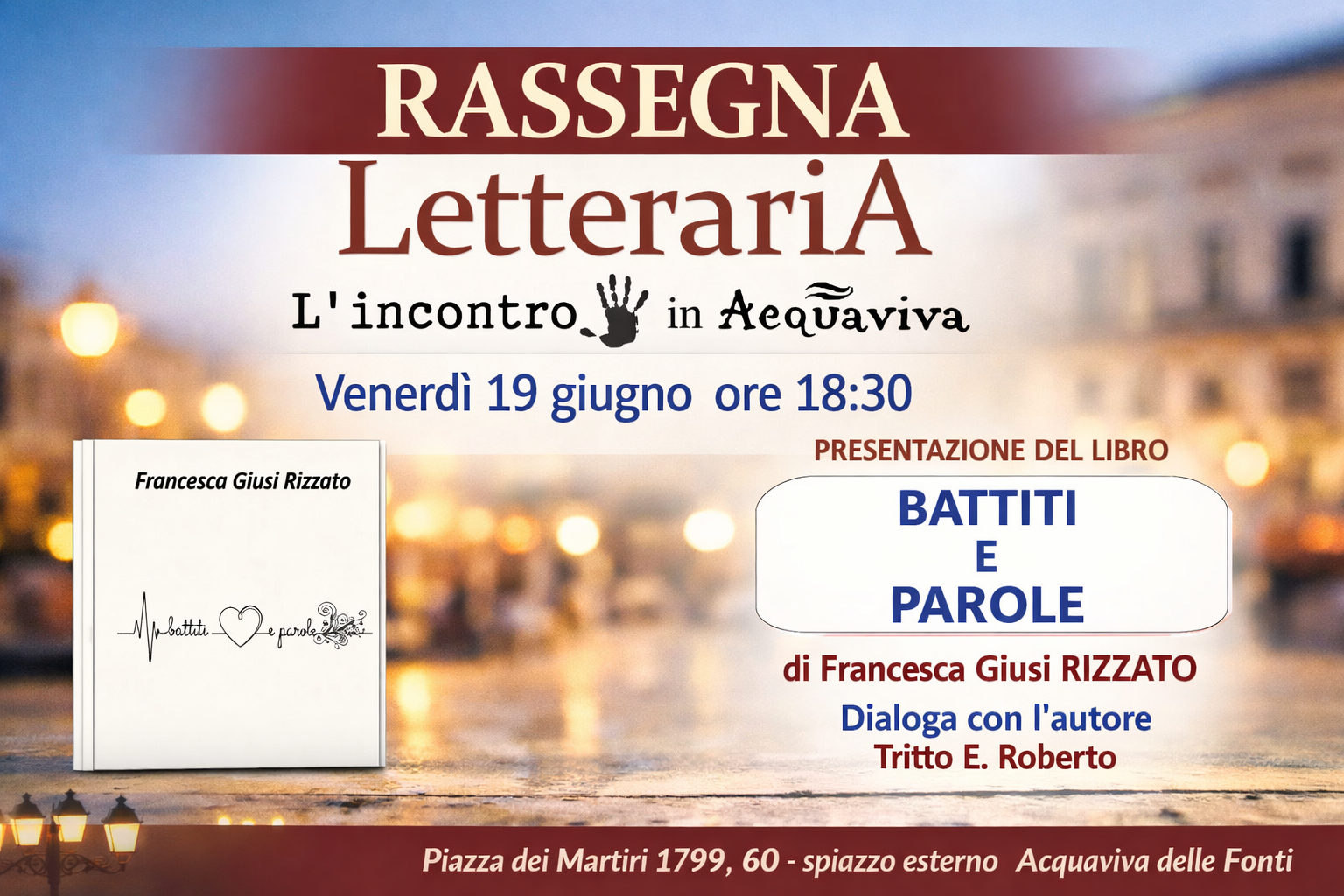 Battiti e parole Acquaviva delle Fonti locandina presentazione libro Francesca Giusi Rizzato
