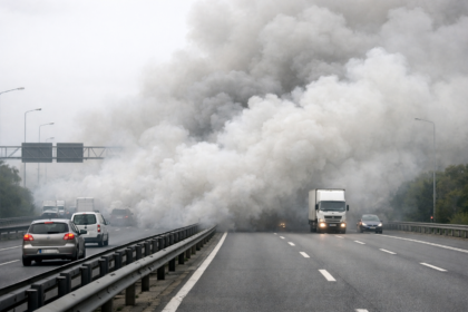 Densa coltre di fumo provocata da un incendio autostrada A14 che limita la visibilità delle auto in transito.