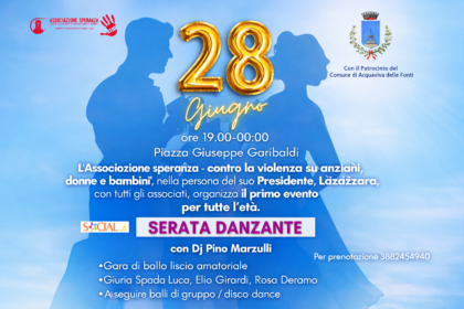Grafica ufficiale dell'evento contro la violenza ad Acquaviva in programma il 28 giugno in Piazza Giuseppe Garibaldi.