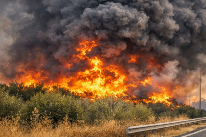 Grosso incendio Acquaviva Sammichele lungo la strada provinciale con vigili del fuoco in azione