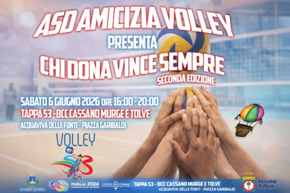 Chi dona vince sempre: 6 straordinarie piazze di solidarietà e sport inclusivo ad Acquaviva delle Fonti 1 I partecipanti della seconda edizione di Chi dona vince sempre uniscono le mani in Piazza Garibaldi ad Acquaviva