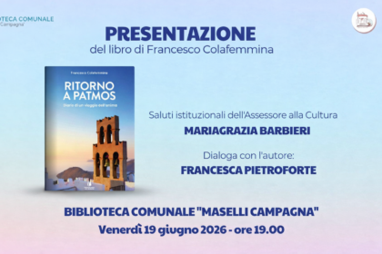 Ritorno a Patmos: 1 evento culturale sorprendente illumina la Biblioteca Comunale di Acquaviva 2 Locandina ufficiale dell'evento di presentazione del libro Ritorno a Patmos di Francesco Colafemmina ad Acquaviva delle Fonti.