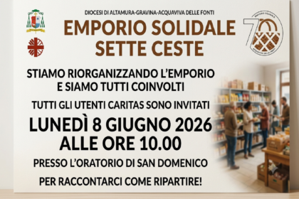 Emporio solidale Sette Ceste: 1 svolta decisiva per la riorganizzazione dei servizi Caritas 5 Locandina ufficiale dell'evento di riorganizzazione promosso dall'Emporio solidale Sette Ceste ad Acquaviva delle Fonti.