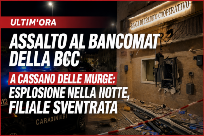 Esterno della filiale Banca BCC danneggiato dopo il violento assalto al bancomat notturno a Cassano delle Murge.