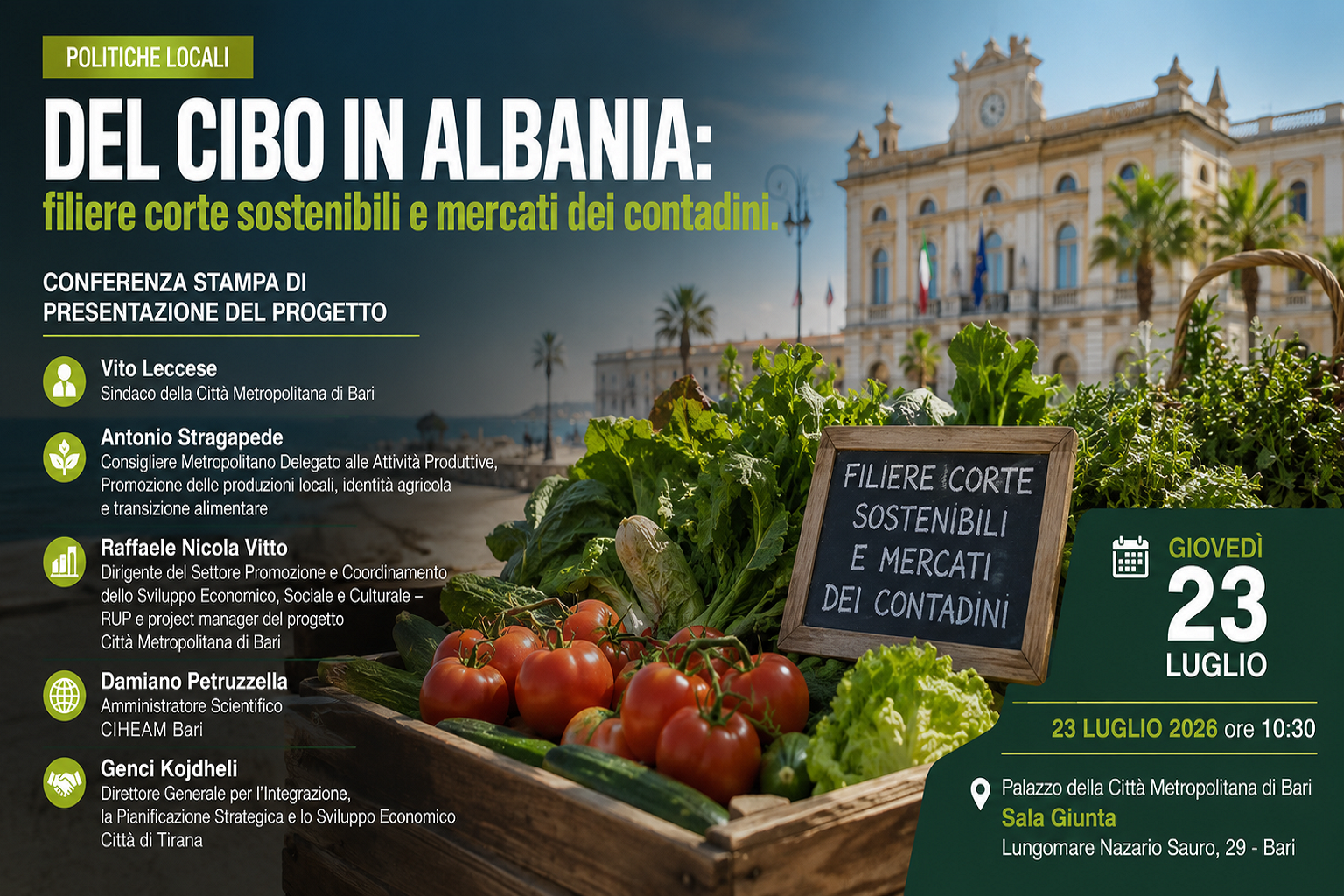 Politiche locali del cibo in Albania: Bari lancia il progetto di 36 mesi 2 conferenza stampa Politiche locali del cibo in Albania, Bari 23 luglio