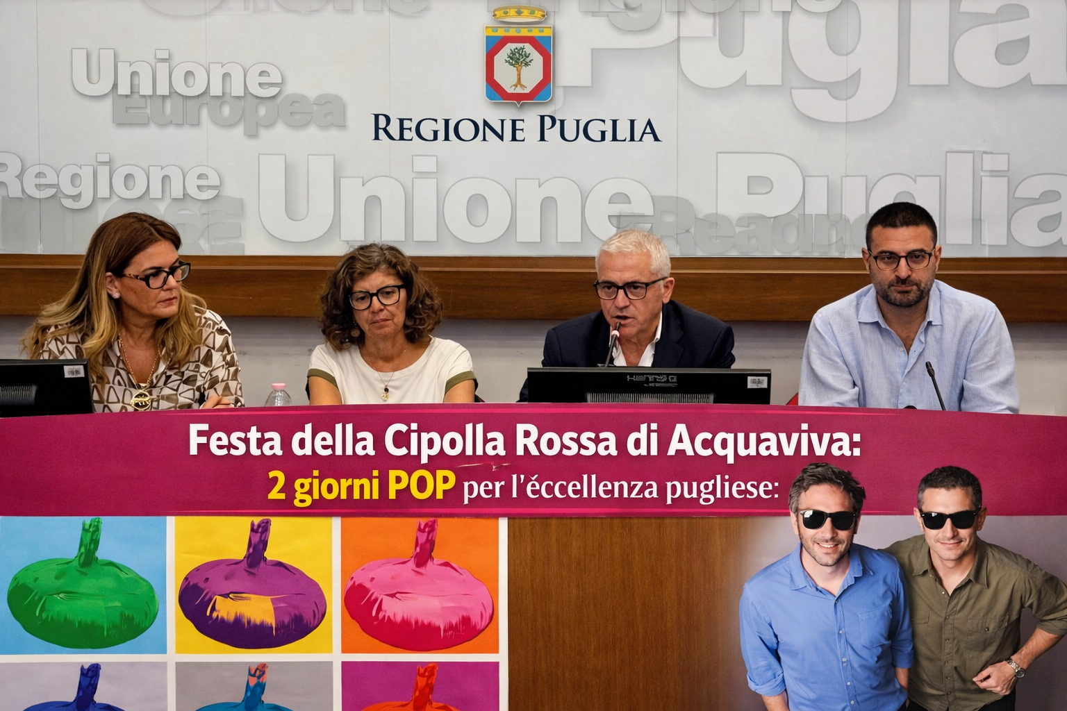 Conferenza stampa di presentazione della Festa della Cipolla Rossa di Acquaviva delle Fonti 2026 presso la Regione Puglia con relatori e locandine dell'evento.