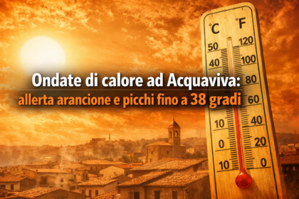 Grafico meteo delle ondate di calore ad Acquaviva con termometro e indicazione dell'allerta arancione.