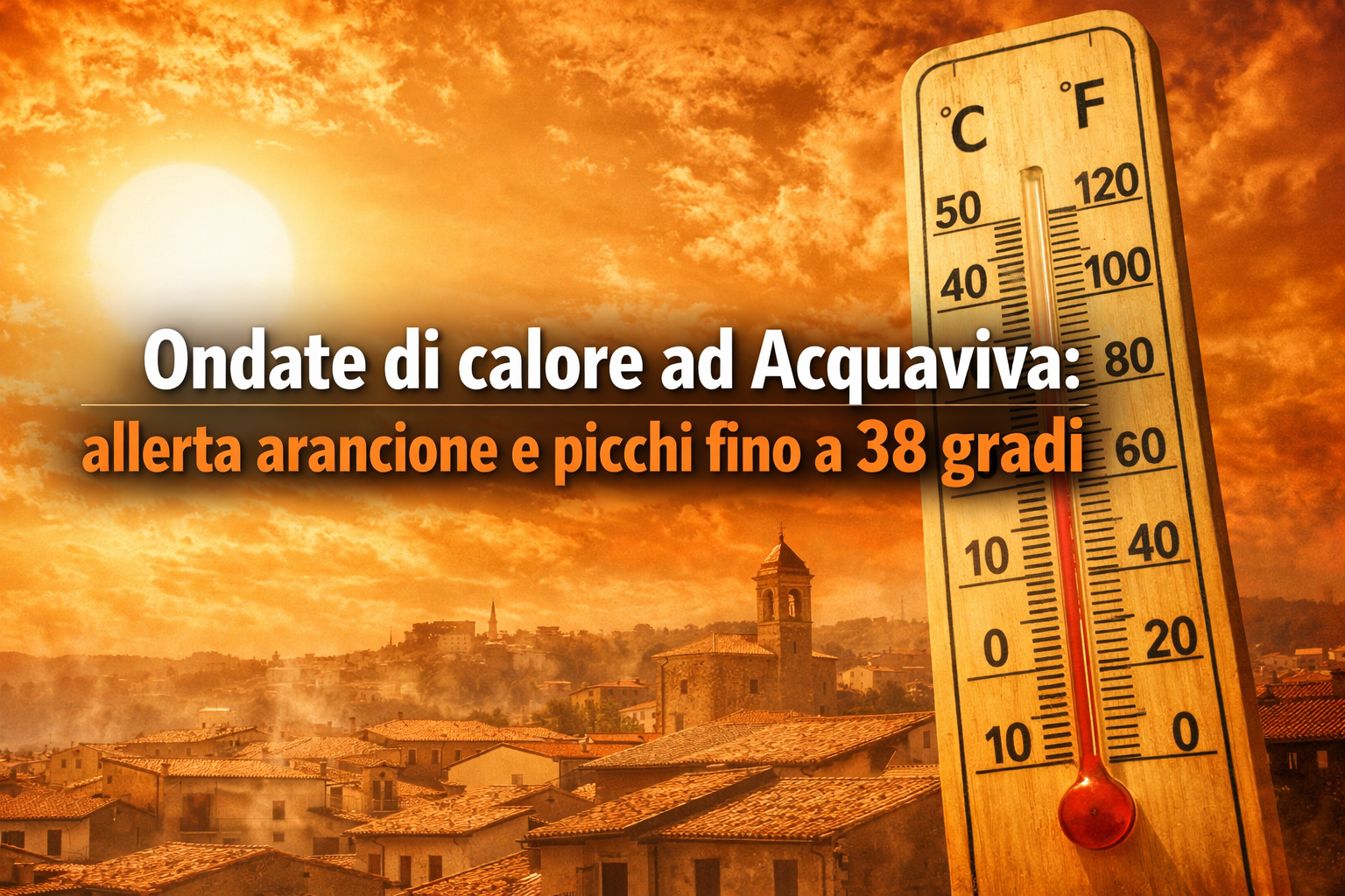 Grafico meteo delle ondate di calore ad Acquaviva con termometro e indicazione dell'allerta arancione.