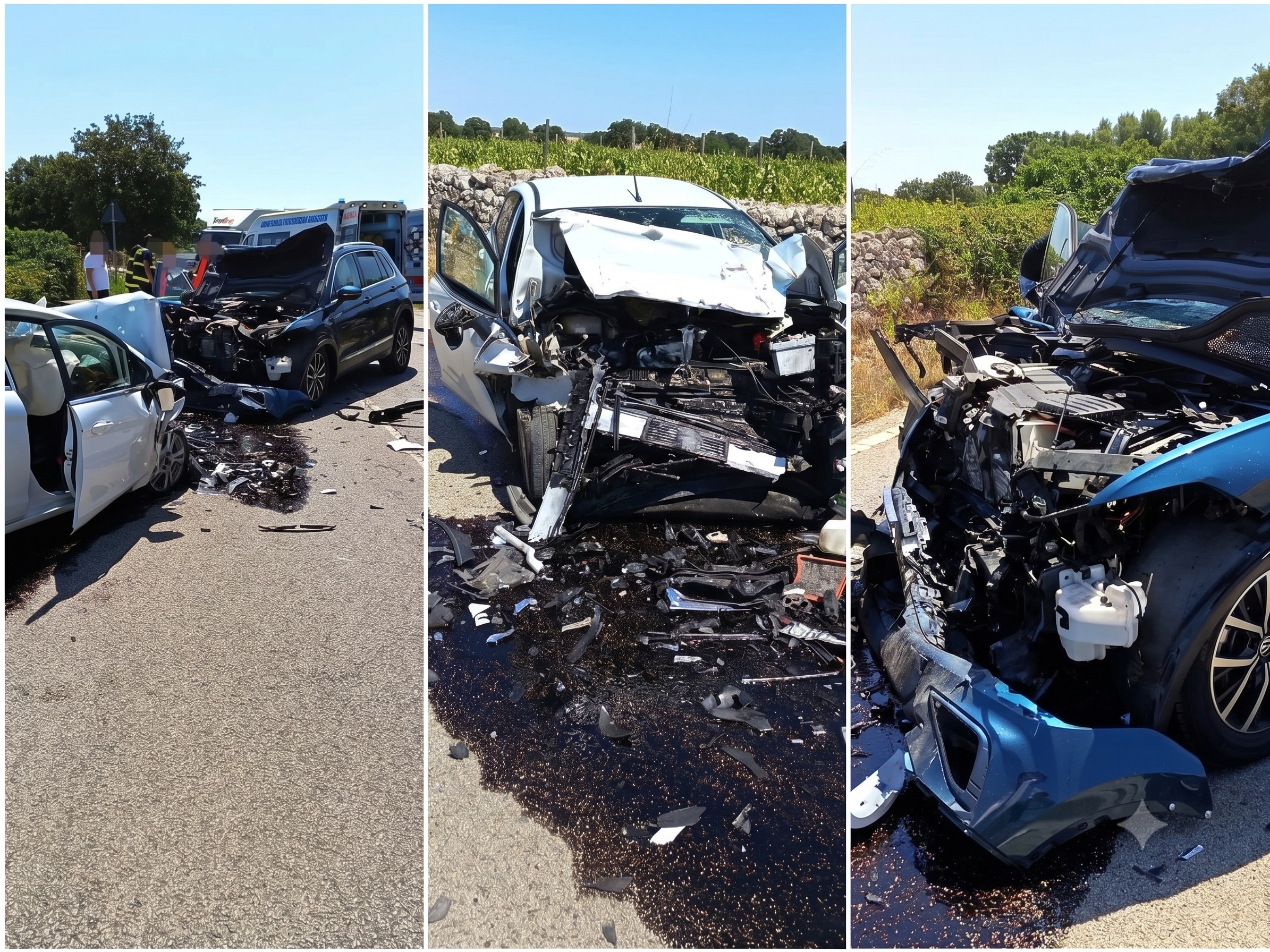 Incidente mortale ad Acquaviva veicoli gravemente danneggiati sulla carreggiata dopo l'impatto.