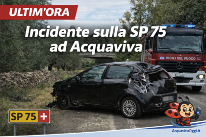 Incidente sulla SP 75 ad Acquaviva con un'auto nera ribaltata e l'intervento dei Vigili del Fuoco.