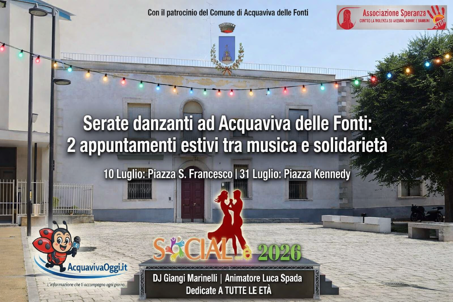 Serate danzanti ad Acquaviva delle Fonti: 2 appuntamenti estivi tra musica e solidarietà