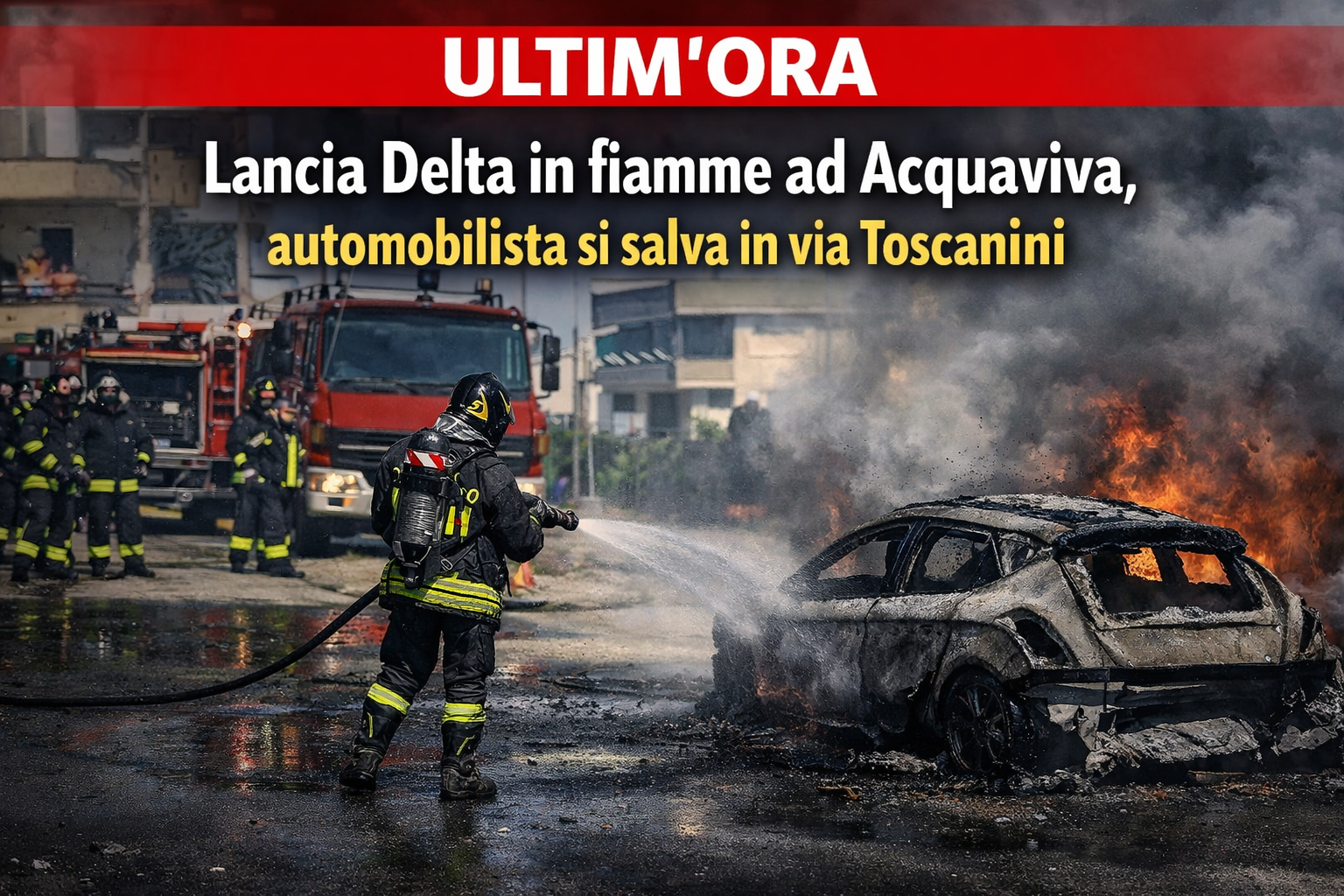 Intervento dei Vigili del Fuoco e della Polizia Locale in via Toscanini per il caso dell'auto in fiamme ad Acquaviva delle Fonti.