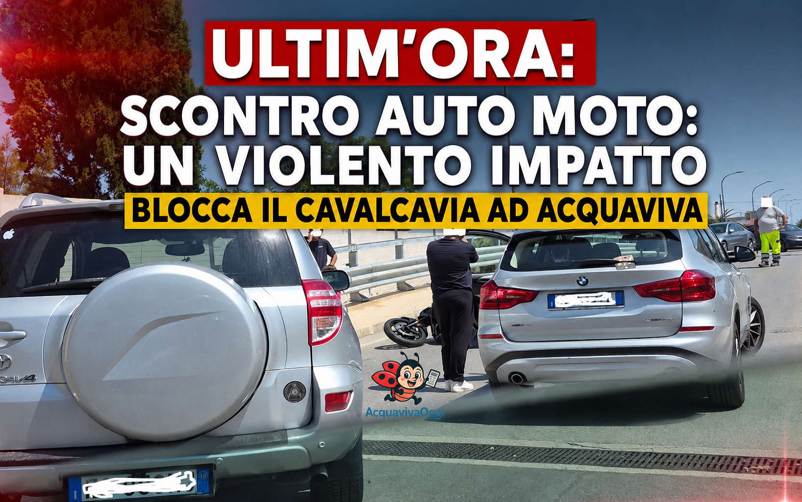 Scontro auto moto: 1 violento impatto blocca il cavalcavia ad Acquaviva delle Fonti