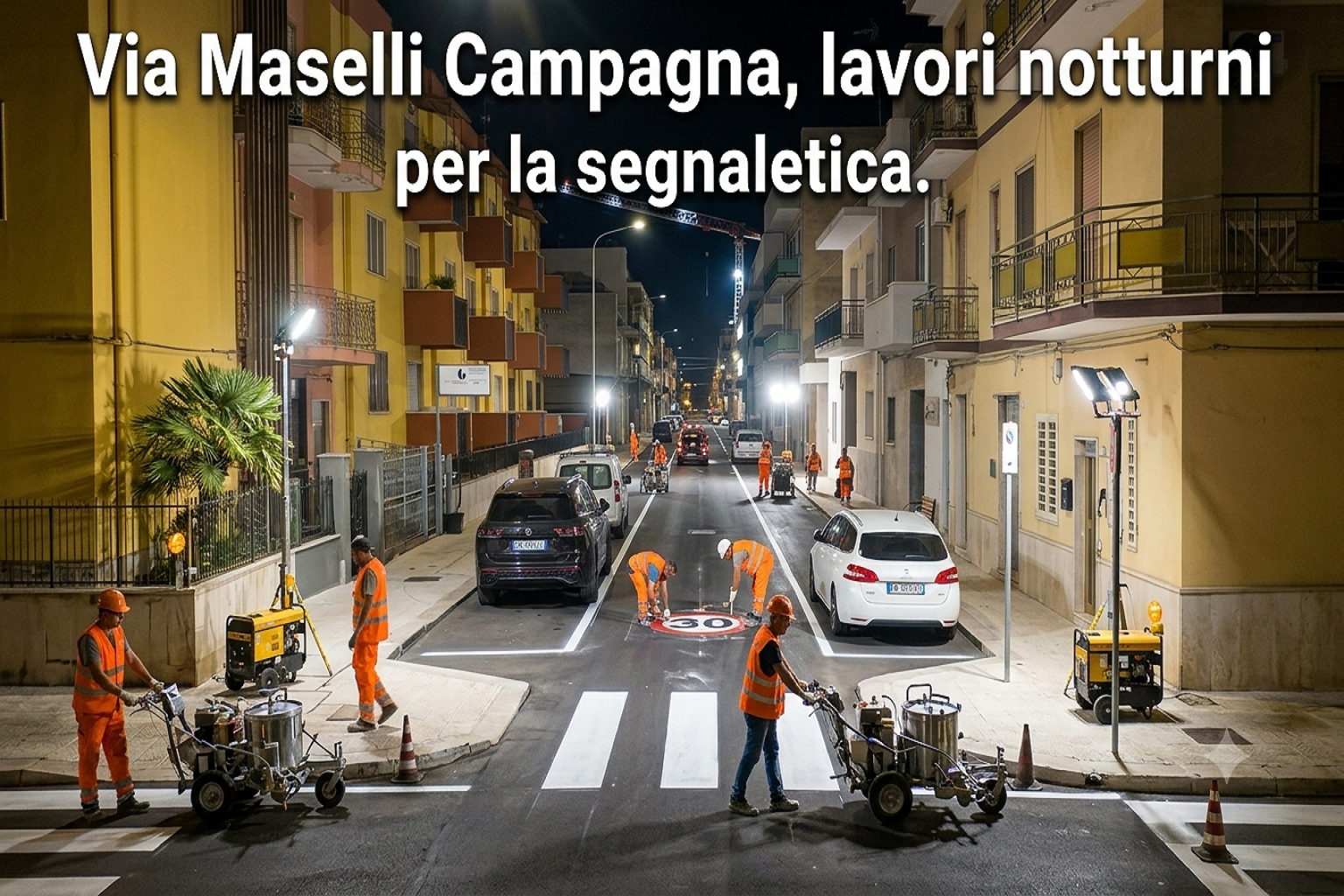 Via Maselli Campagna, lavori notturni per la segnaletica 2 Segnaletica via Maselli Campagna Acquaviva delle Fonti, lavori stradali notturni