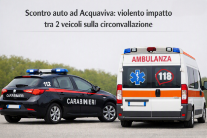 Scontro auto ad Acquaviva: violento impatto tra 2 veicoli sulla circonvallazione 5 Scontro auto. Sul posto Carabinieri e 118