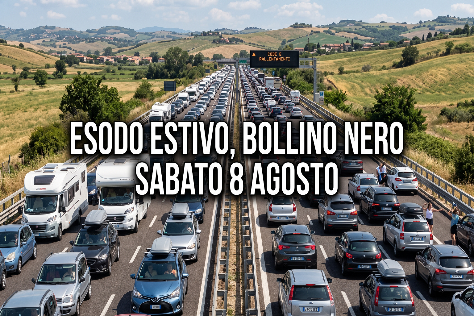 Esodo estivo, bollino nero sabato 8 agosto 2 Coda di auto in autostrada durante il bollino nero dell'esodo estivo dell'8 agosto.