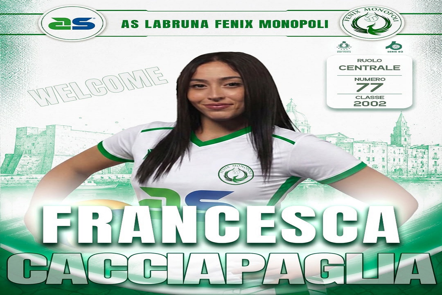 Francesca Cacciapaglia con la maglia della AS Labruna Fenix Monopoli, centrale numero 77