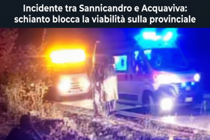 Incidente tra Sannicandro e Acquaviva: schianto blocca la viabilità sulla provinciale 1 Fotografia del luogo dove si è verificato l'incidente tra Sannicandro e Acquaviva con i mezzi di emergenza.