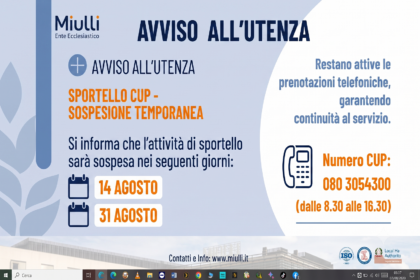 Sportello CUP Miulli chiuso il 14 e 31 agosto