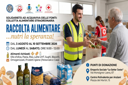 Locandina ufficiale della Raccolta alimentare Acquaviva delle Fonti 2026 organizzata dal Comune e associazioni locali.