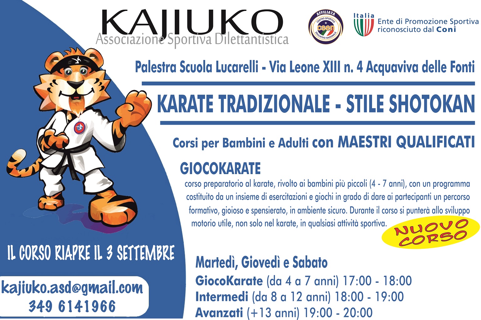 Locandina corsi di karate Acquaviva delle Fonti Kajiuko stile Shotokan