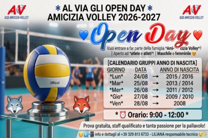 Open Day Amicizia Volley 2026-2027: le date 9 Open Day Amicizia Volley 2026-2027 con calendario date per anno di nascita