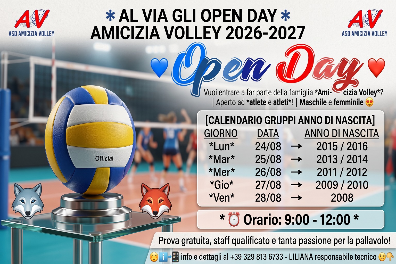 Open Day Amicizia Volley 2026-2027 con calendario date per anno di nascita