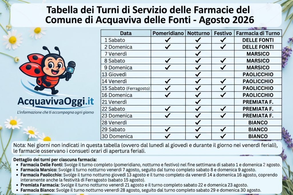 Turni farmacie dal 01/08 al 21/08 2026