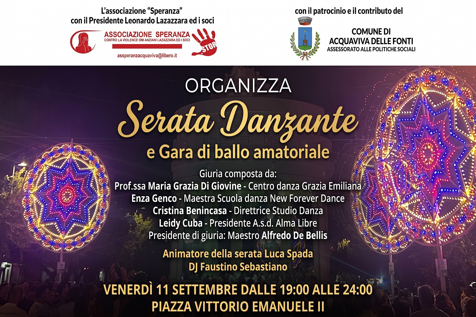 Serata danzante ad Acquaviva delle Fonti, appuntamento in piazza 2 Locandina serata danzante e gara di ballo amatoriale ad Acquaviva delle Fonti